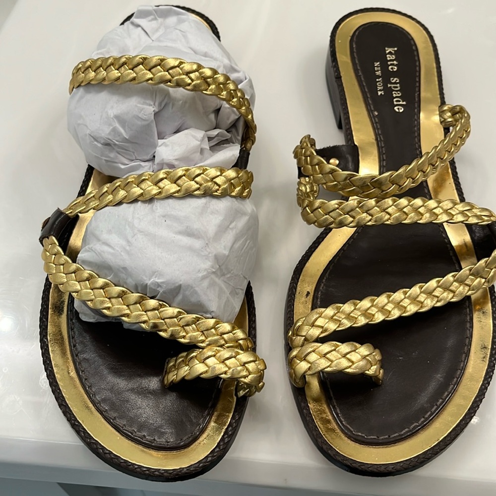 Kate Spade braided gold leather toe loop flat sandal